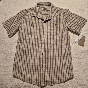 Dockets boys Large or 14/16 brown white black plaid short sleeve shirt NWT
